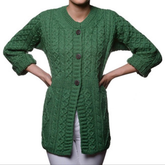 Kilronan Knitwear 100% Pure New Wool, Kelly green, cable knit, 3 buttons, Sz Sq - Picture 1 of 6